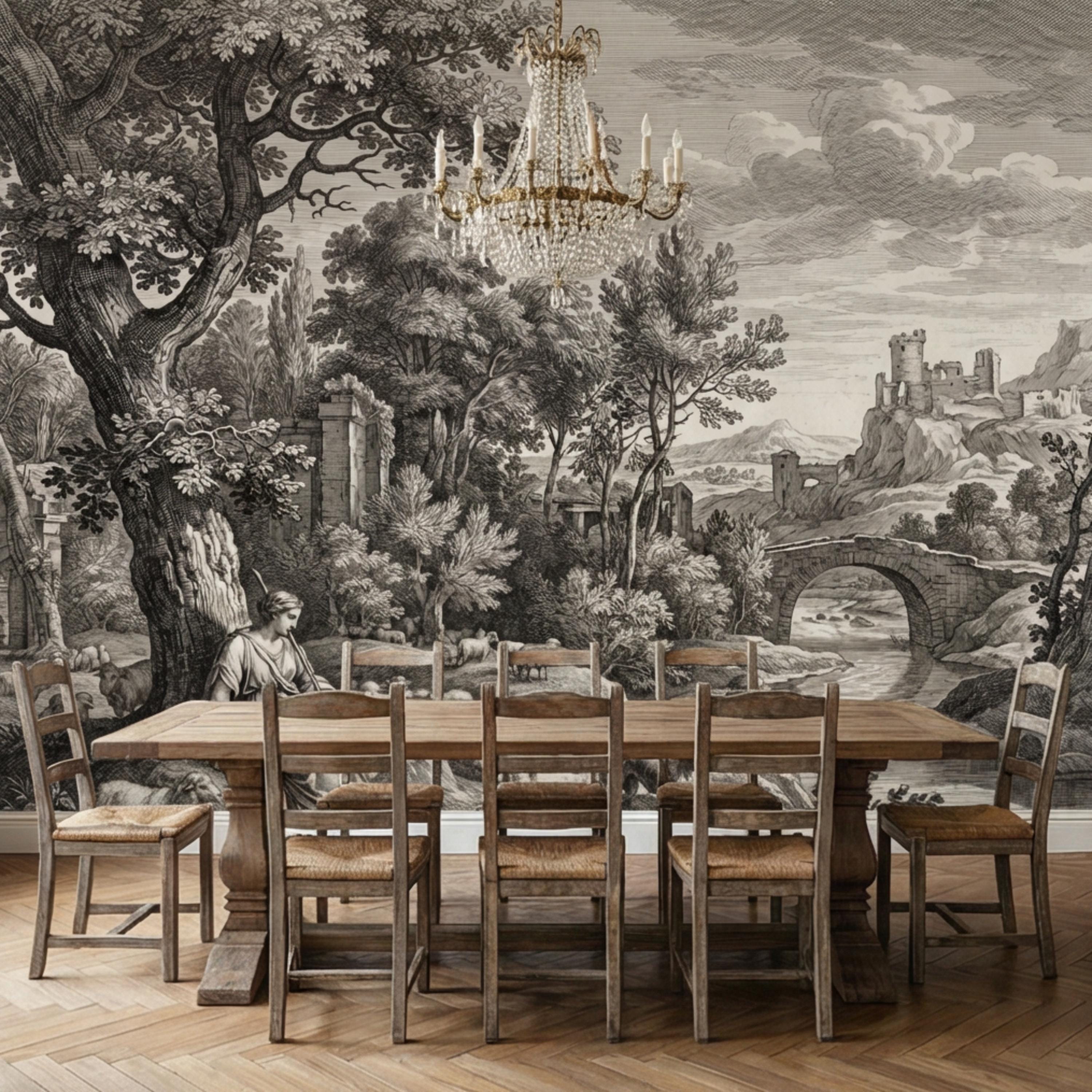 Antique European Pastoral Engraving Peel and Stick Wall Mural, Vintage Shepherd River Bridge Landscape, Old World Etching Wallpaper