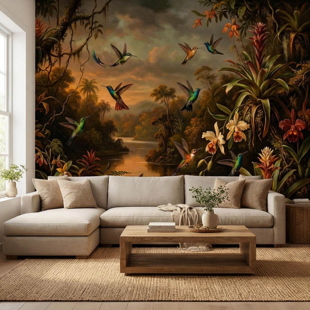 Tropical Hummingbird Jungle Peel and Stick Wall Mural, Dark Botanical Rainforest Landscape with Orchids, Moody Exotic Nature Wallpaper