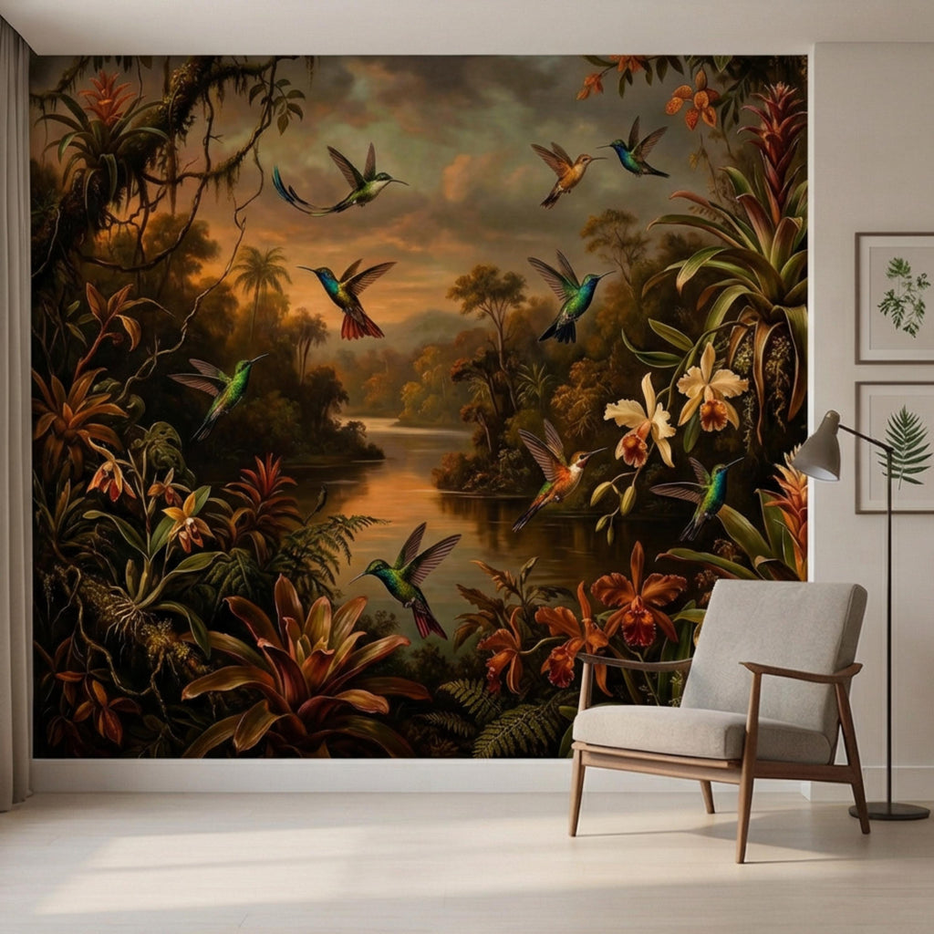 Tropical Hummingbird Jungle Peel and Stick Wall Mural, Dark Botanical Rainforest Landscape with Orchids, Moody Exotic Nature Wallpaper