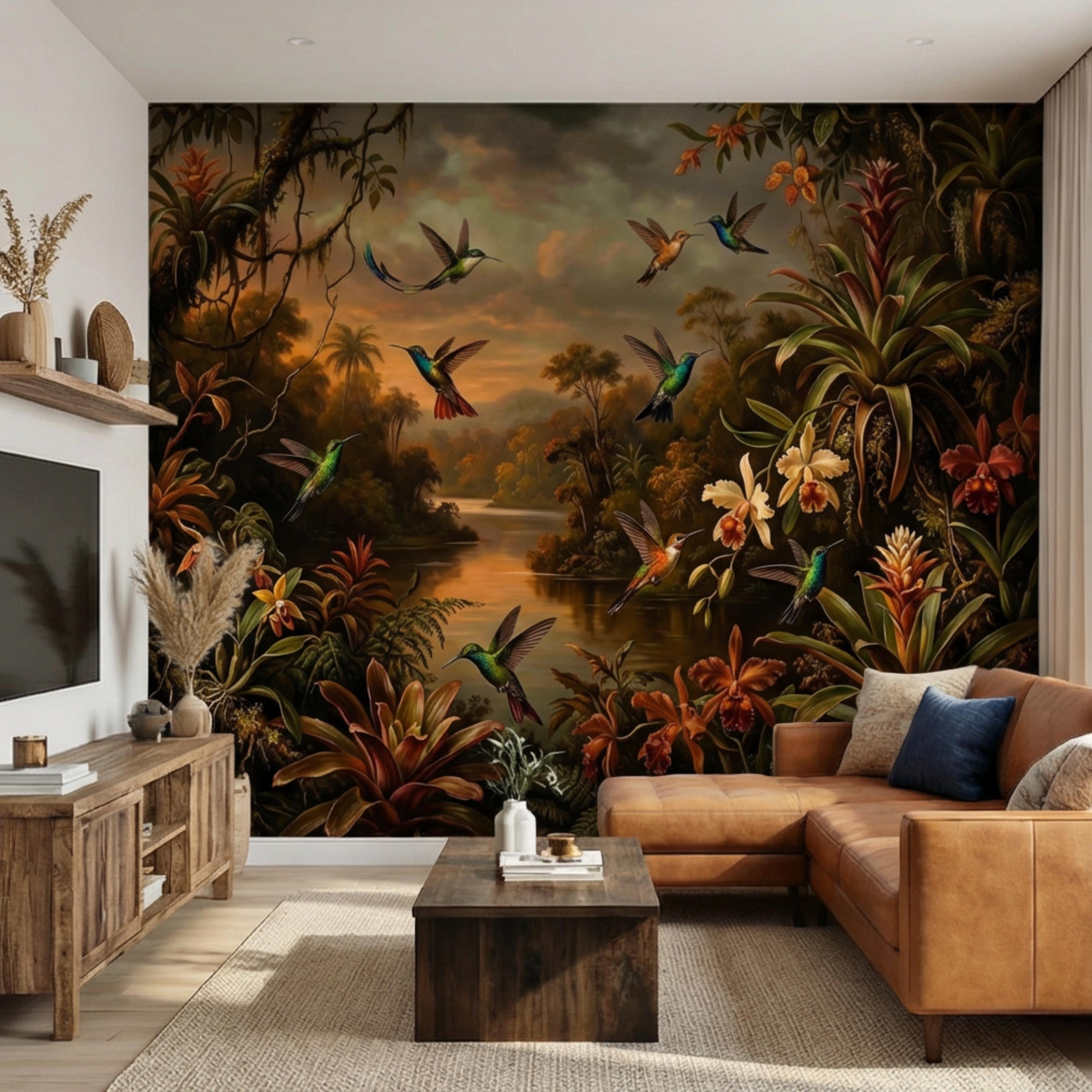 Tropical Hummingbird Jungle Peel and Stick Wall Mural, Dark Botanical Rainforest Landscape with Orchids, Moody Exotic Nature Wallpaper