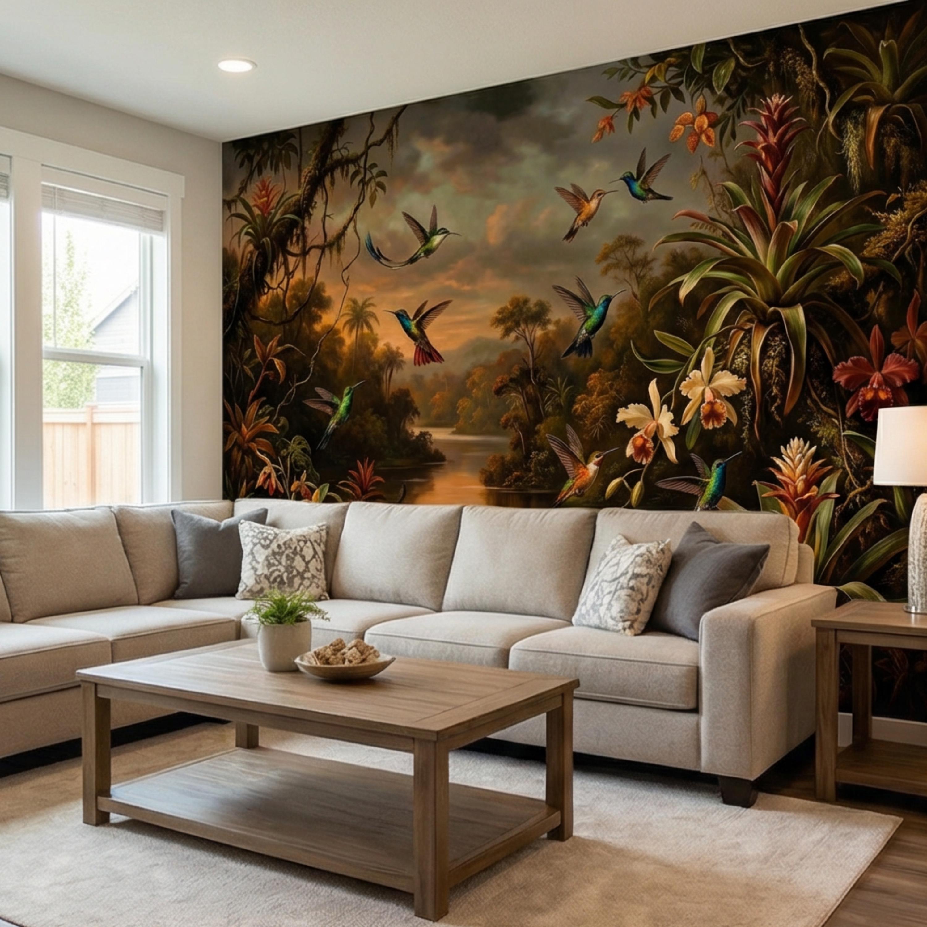 Tropical Hummingbird Jungle Peel and Stick Wall Mural, Dark Botanical Rainforest Landscape with Orchids, Moody Exotic Nature Wallpaper