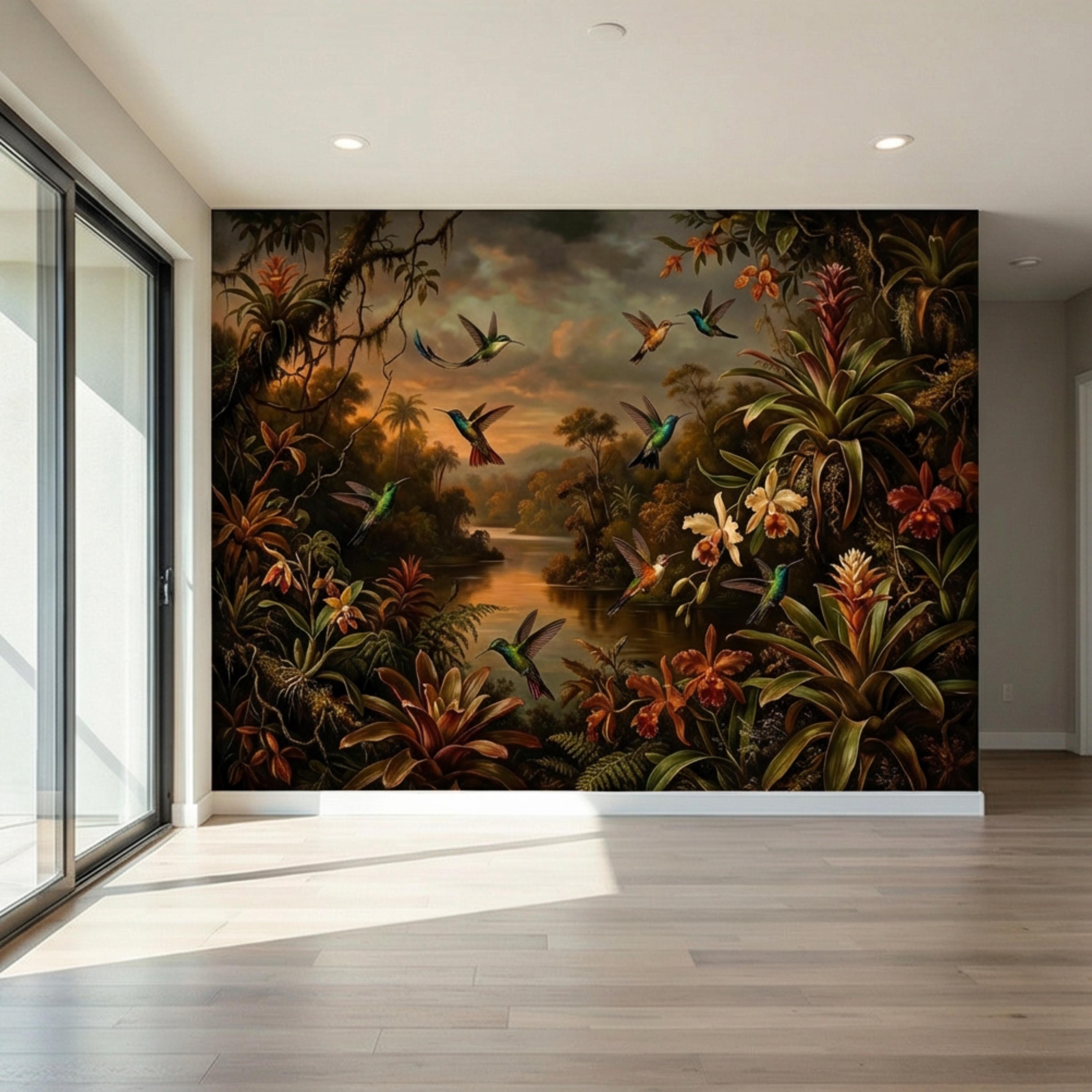 Tropical Hummingbird Jungle Peel and Stick Wall Mural, Dark Botanical Rainforest Landscape with Orchids, Moody Exotic Nature Wallpaper