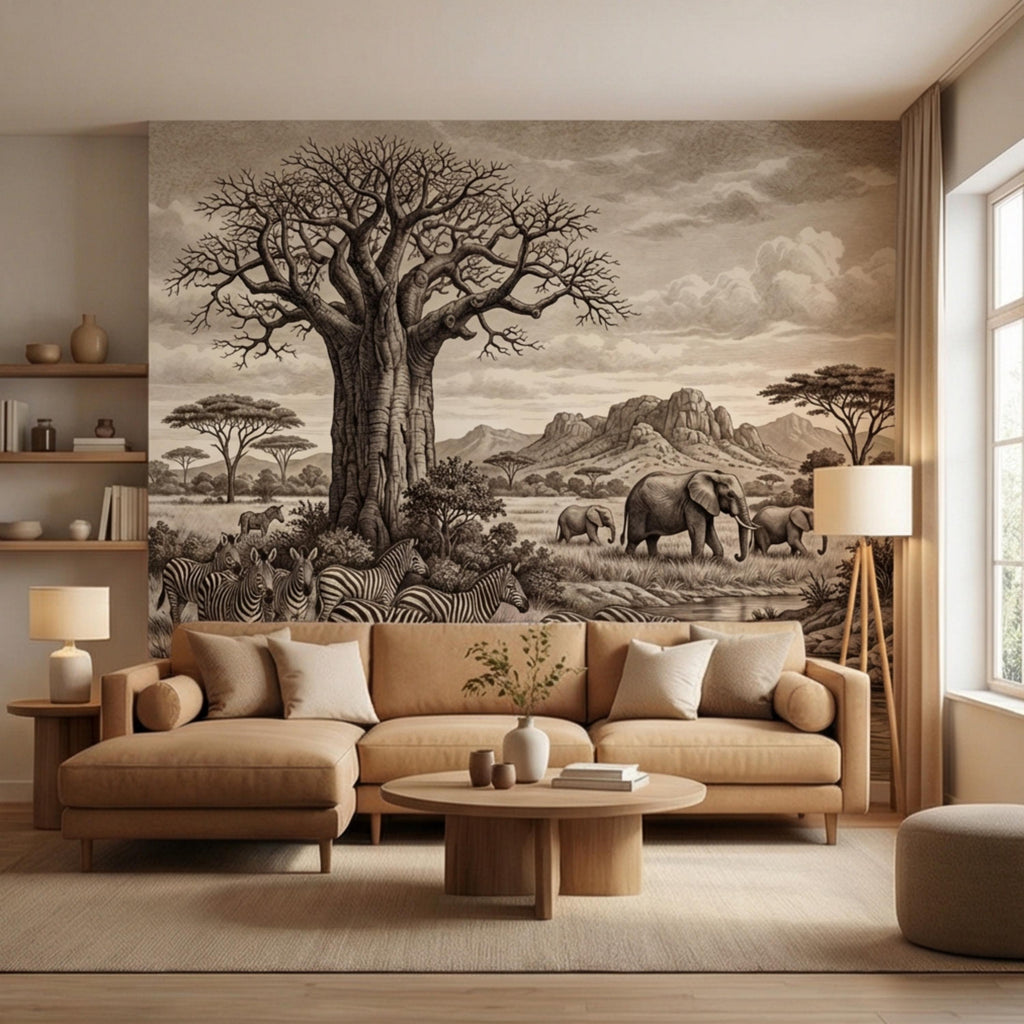 Vintage Safari Engraving Peel and Stick Wall Mural, African Savanna with Elephants and Zebras, Antique Wildlife Landscape Wallpaper