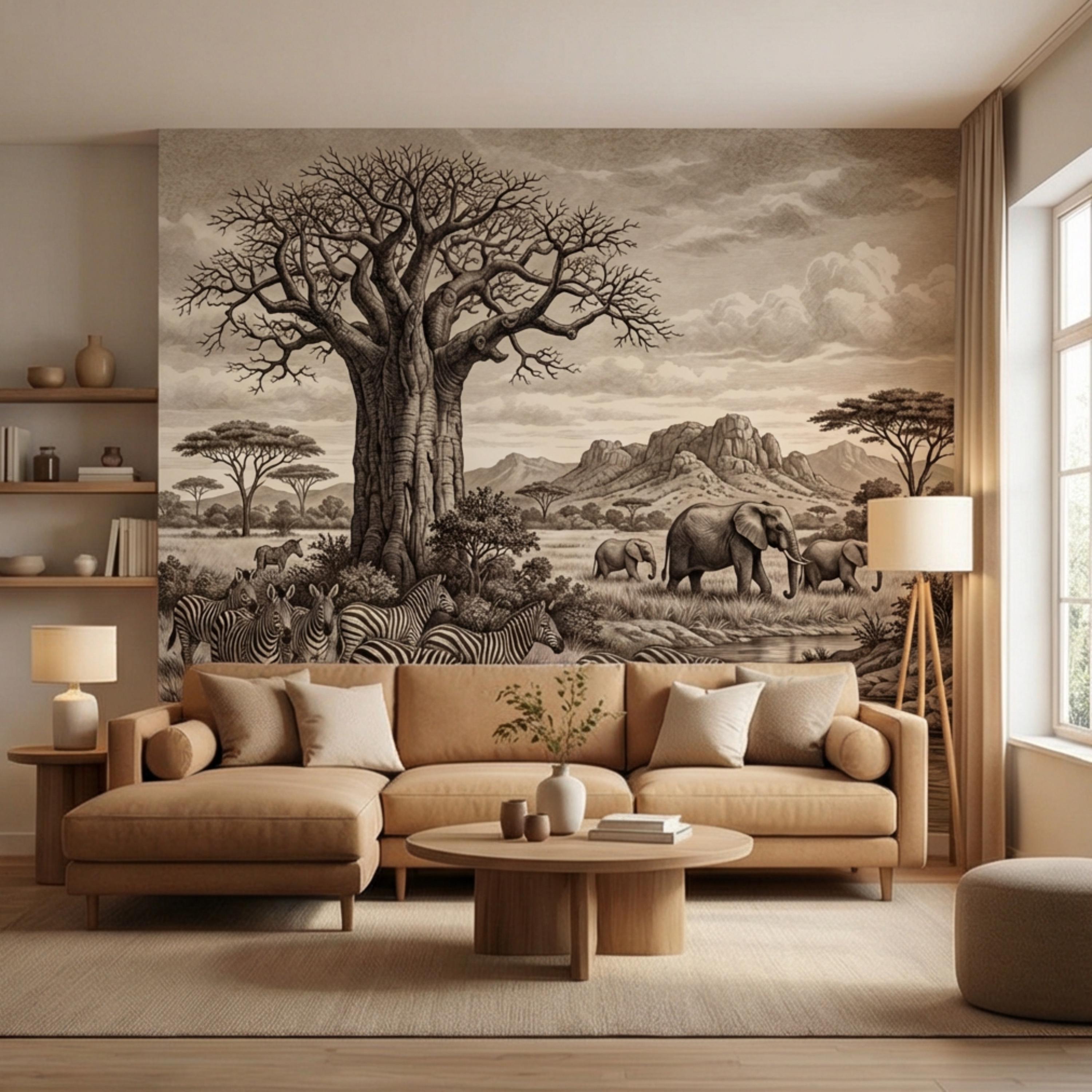 Vintage Safari Engraving Peel and Stick Wall Mural, African Savanna with Elephants and Zebras, Antique Wildlife Landscape Wallpaper