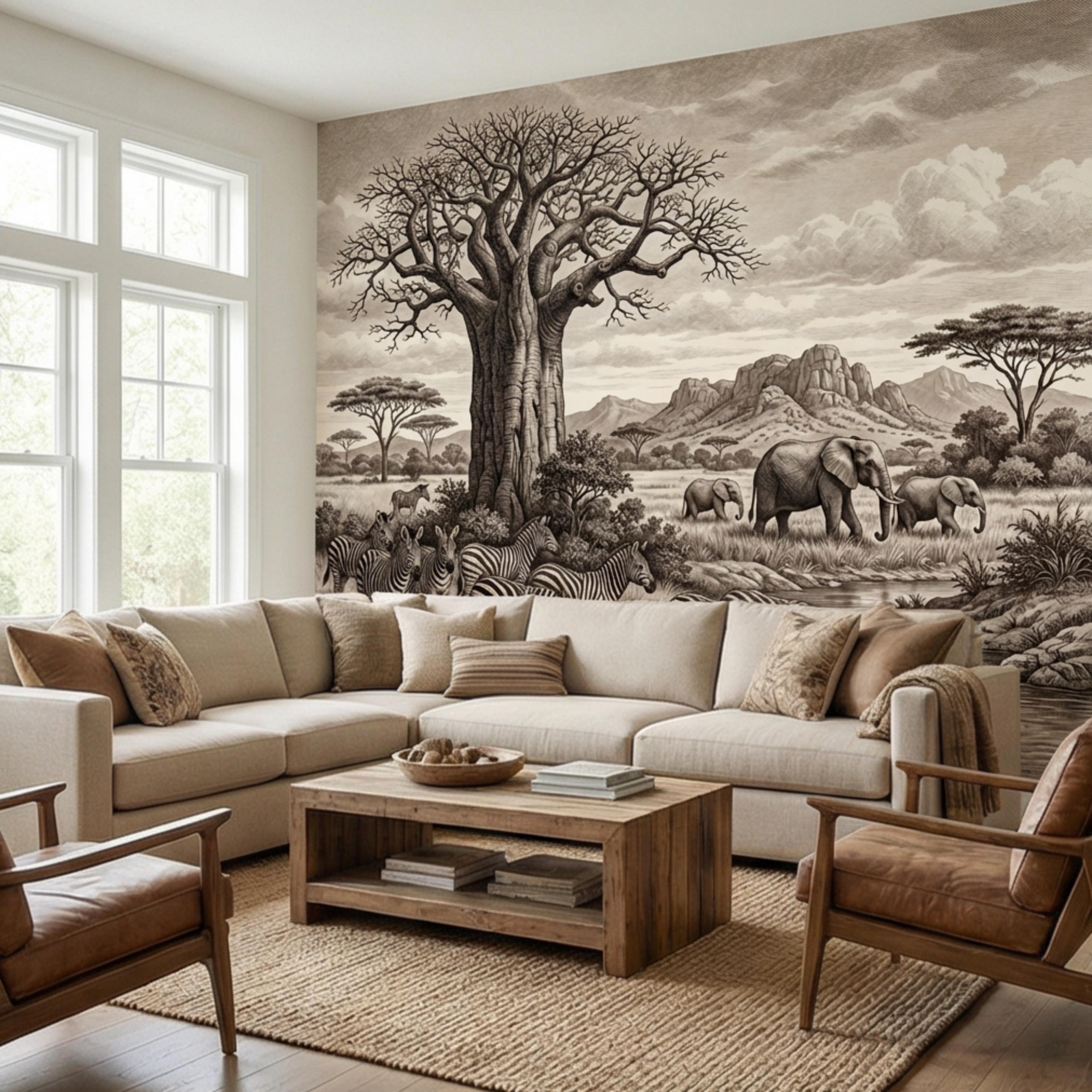 Vintage Safari Engraving Peel and Stick Wall Mural, African Savanna with Elephants and Zebras, Antique Wildlife Landscape Wallpaper