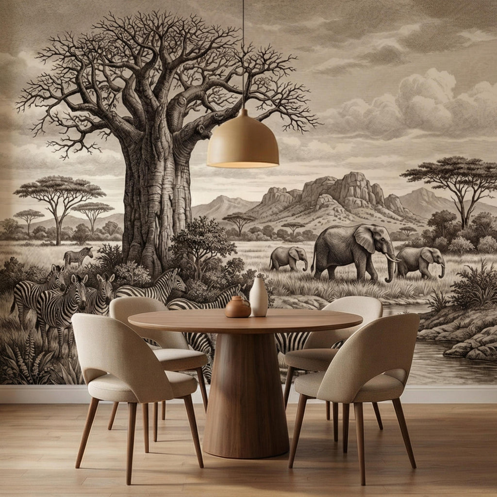 Vintage Safari Engraving Peel and Stick Wall Mural, African Savanna with Elephants and Zebras, Antique Wildlife Landscape Wallpaper