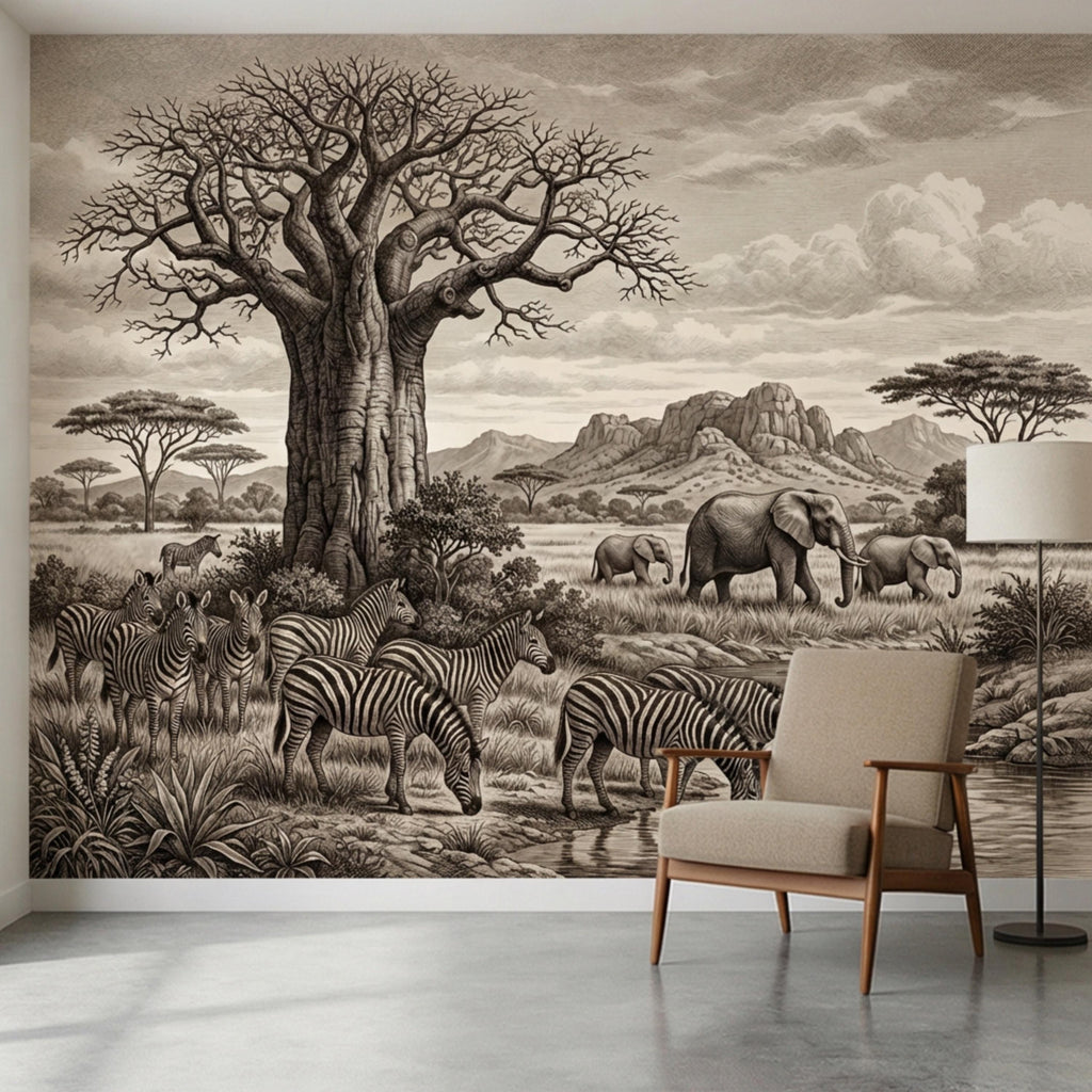 Vintage Safari Engraving Peel and Stick Wall Mural, African Savanna with Elephants and Zebras, Antique Wildlife Landscape Wallpaper