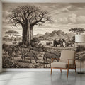Vintage Safari Engraving Peel and Stick Wall Mural, African Savanna with Elephants and Zebras, Antique Wildlife Landscape Wallpaper