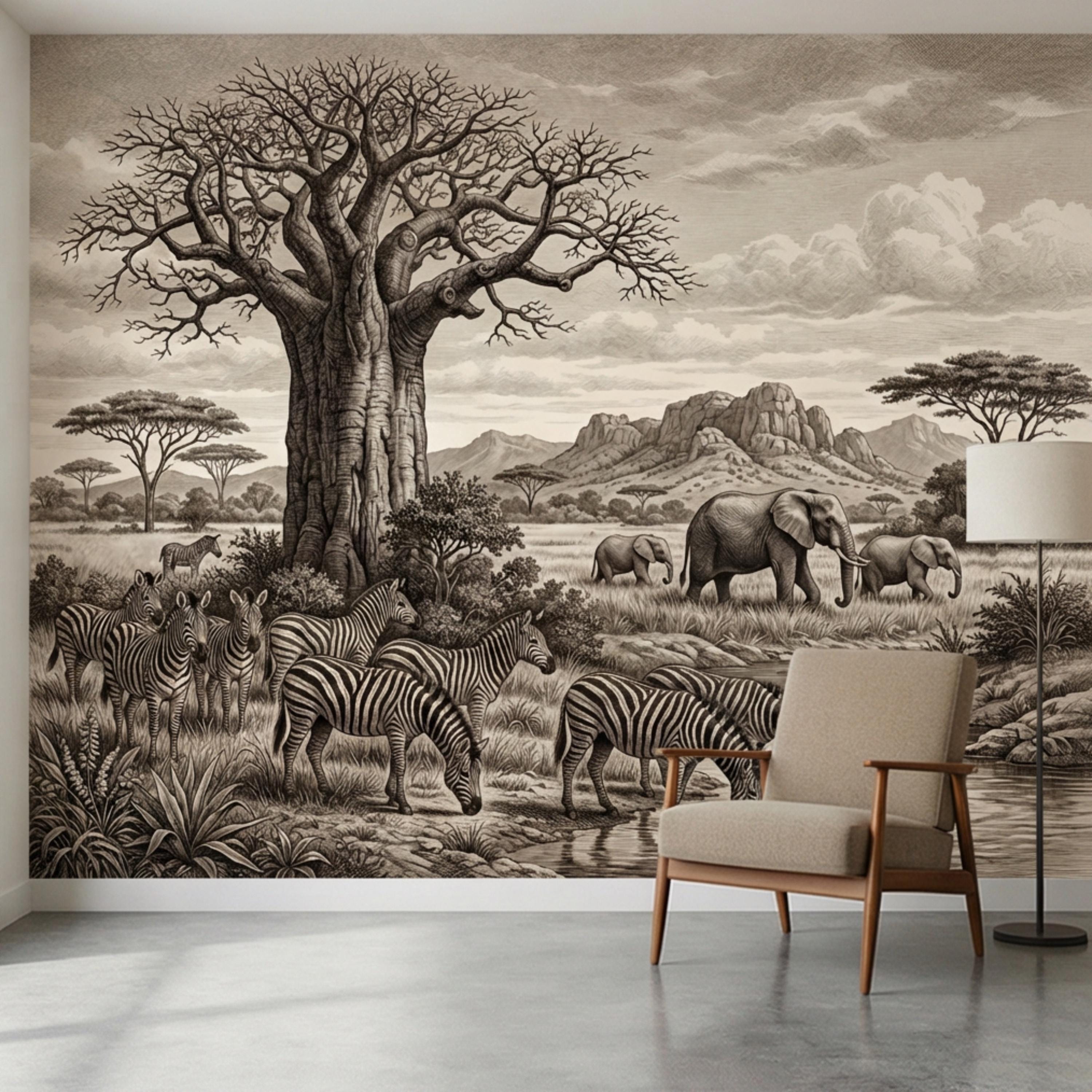 Vintage Safari Engraving Peel and Stick Wall Mural, African Savanna with Elephants and Zebras, Antique Wildlife Landscape Wallpaper