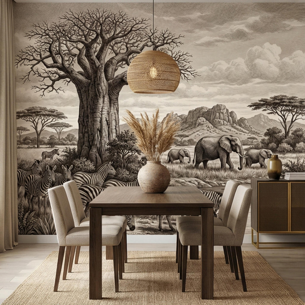 Vintage Safari Engraving Peel and Stick Wall Mural, African Savanna with Elephants and Zebras, Antique Wildlife Landscape Wallpaper