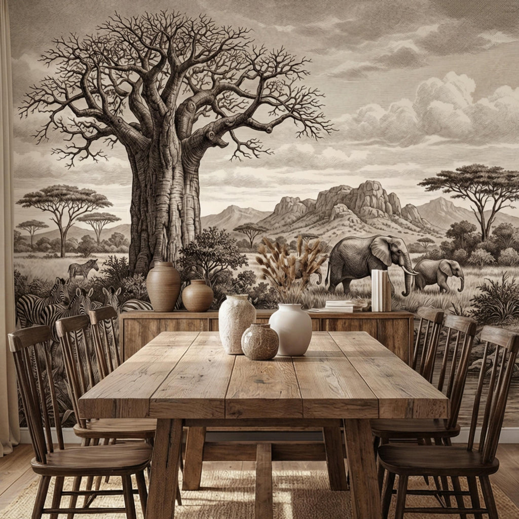 Vintage Safari Engraving Peel and Stick Wall Mural, African Savanna with Elephants and Zebras, Antique Wildlife Landscape Wallpaper