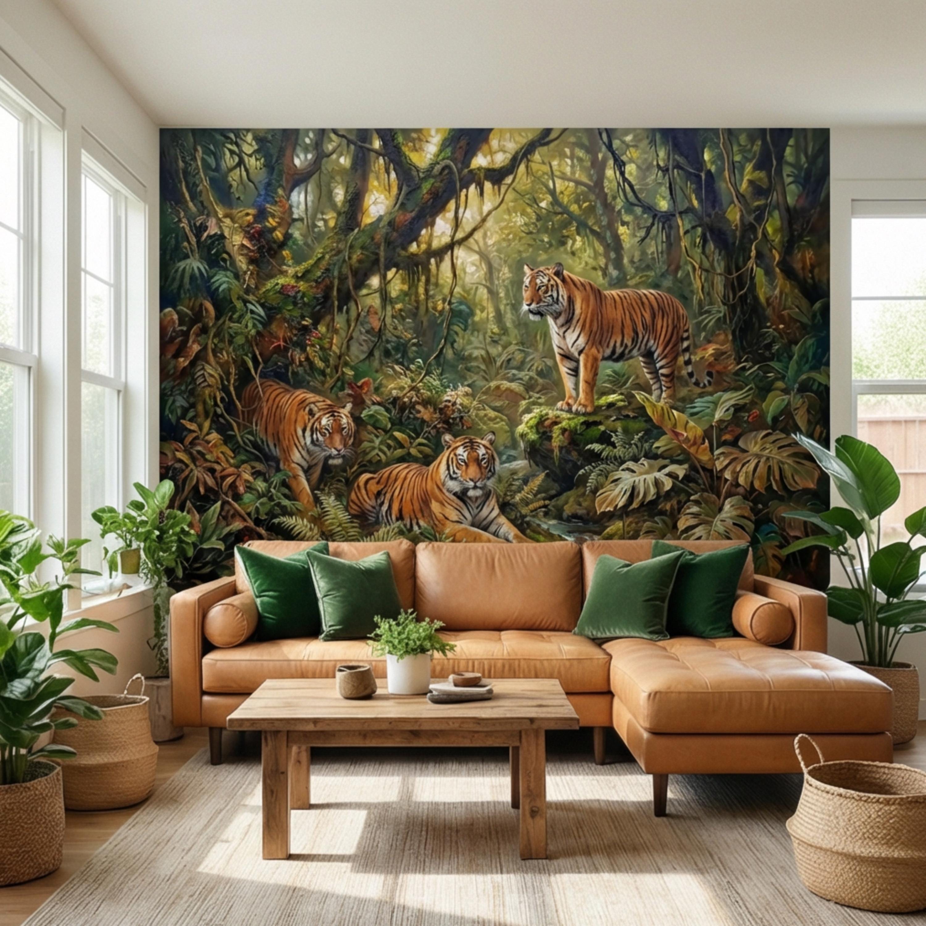 Majestic Jungle Tigers Peel and Stick Wall Mural, Lush Tropical Rainforest Wildlife Wallpaper, Dramatic Exotic Nature Wall Decor