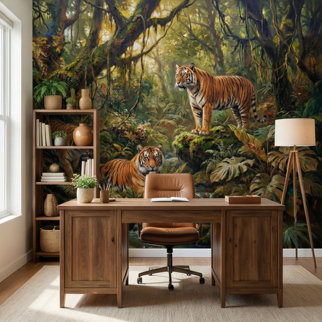 Majestic Jungle Tigers Peel and Stick Wall Mural, Lush Tropical Rainforest Wildlife Wallpaper, Dramatic Exotic Nature Wall Decor
