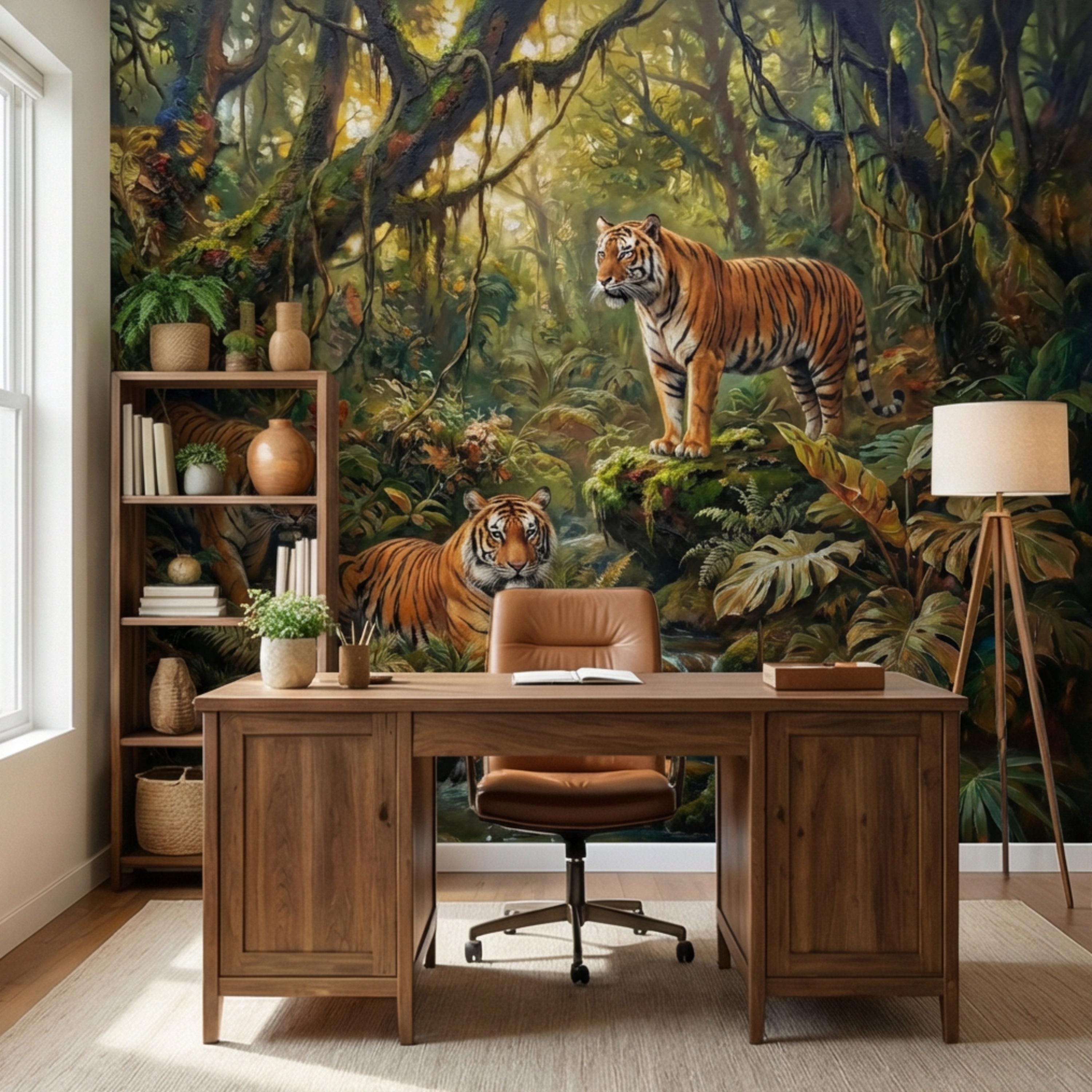 Majestic Jungle Tigers Peel and Stick Wall Mural, Lush Tropical Rainforest Wildlife Wallpaper, Dramatic Exotic Nature Wall Decor