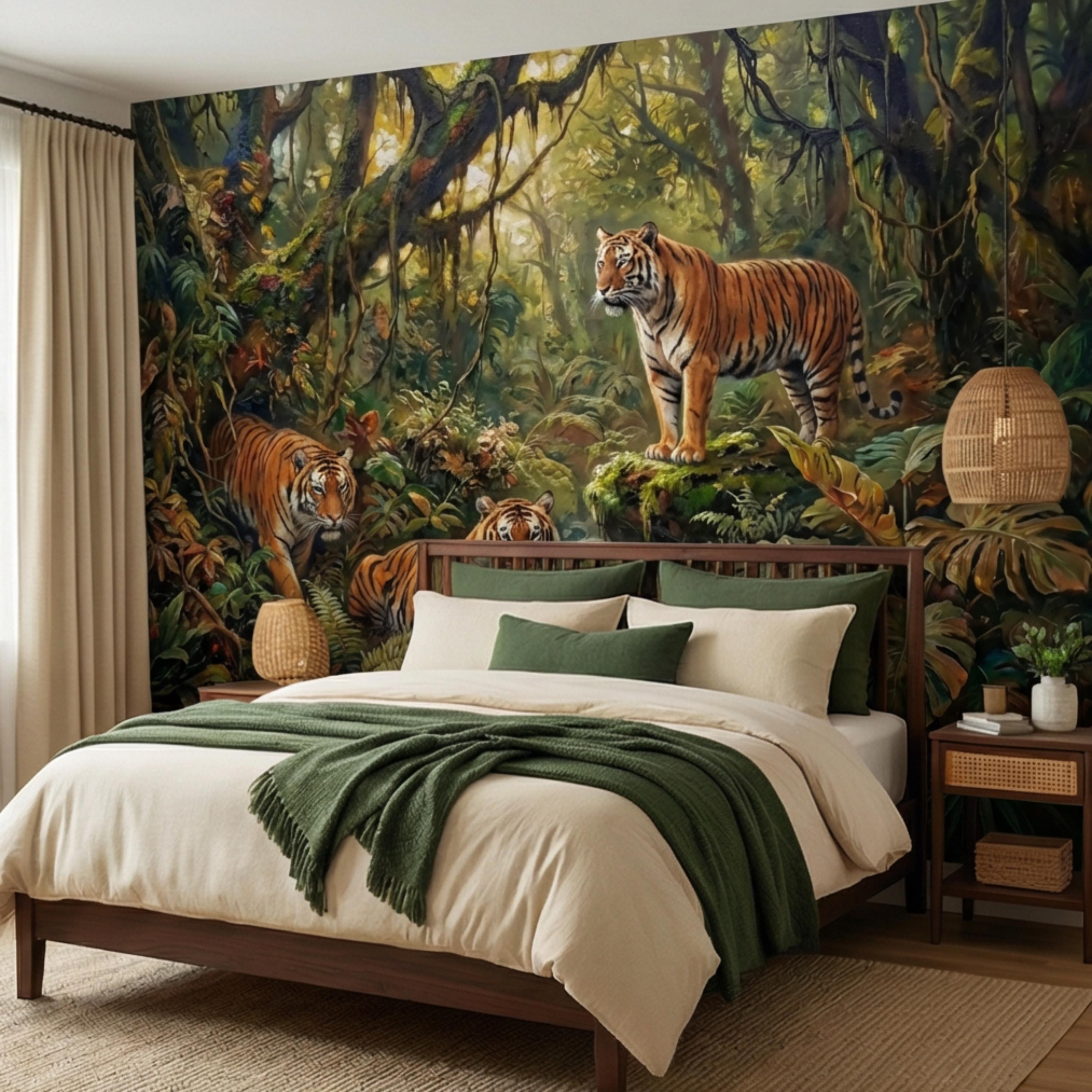Majestic Jungle Tigers Peel and Stick Wall Mural, Lush Tropical Rainforest Wildlife Wallpaper, Dramatic Exotic Nature Wall Decor
