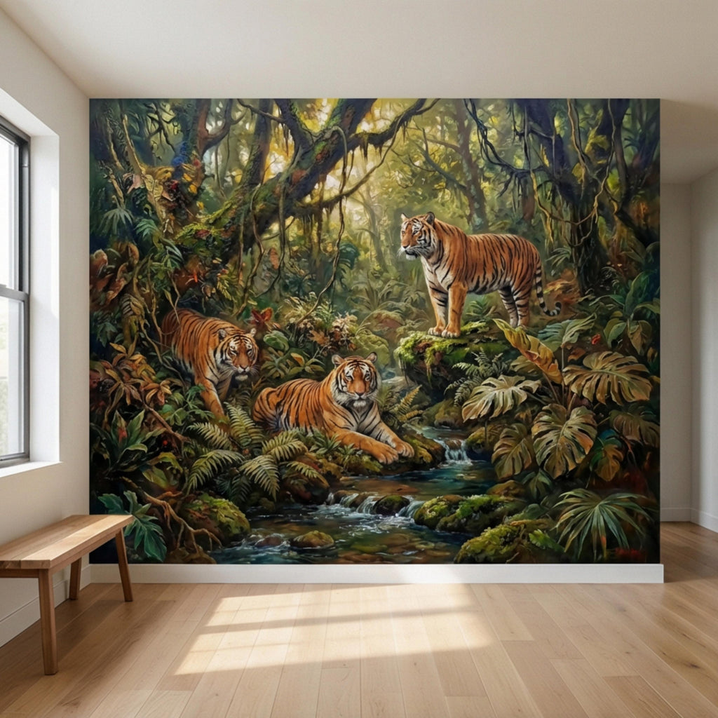 Majestic Jungle Tigers Peel and Stick Wall Mural, Lush Tropical Rainforest Wildlife Wallpaper, Dramatic Exotic Nature Wall Decor