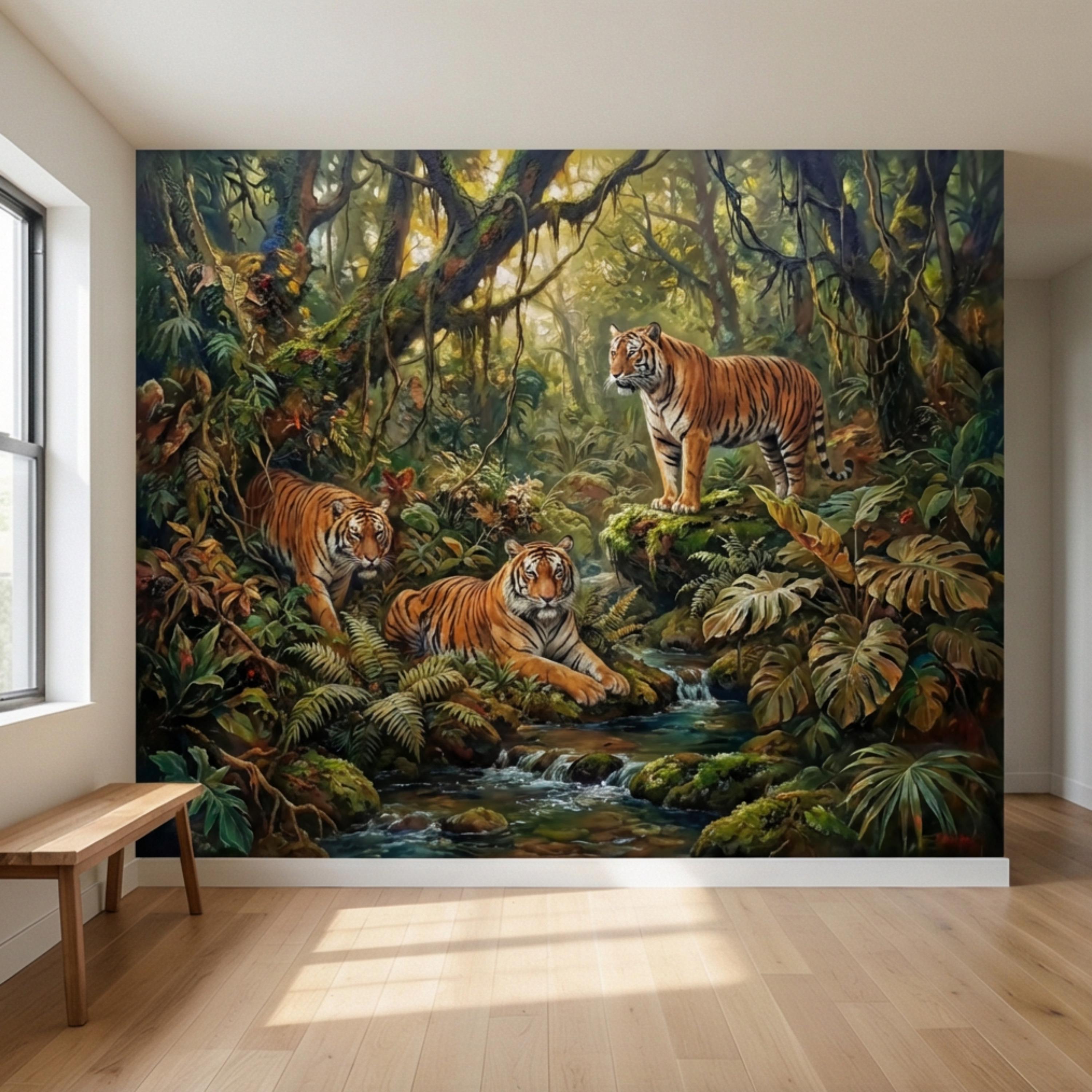 Majestic Jungle Tigers Peel and Stick Wall Mural, Lush Tropical Rainforest Wildlife Wallpaper, Dramatic Exotic Nature Wall Decor