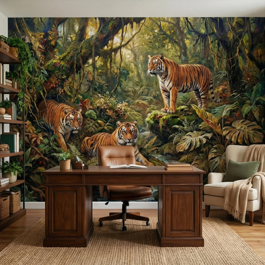 Majestic Jungle Tigers Peel and Stick Wall Mural, Lush Tropical Rainforest Wildlife Wallpaper, Dramatic Exotic Nature Wall Decor