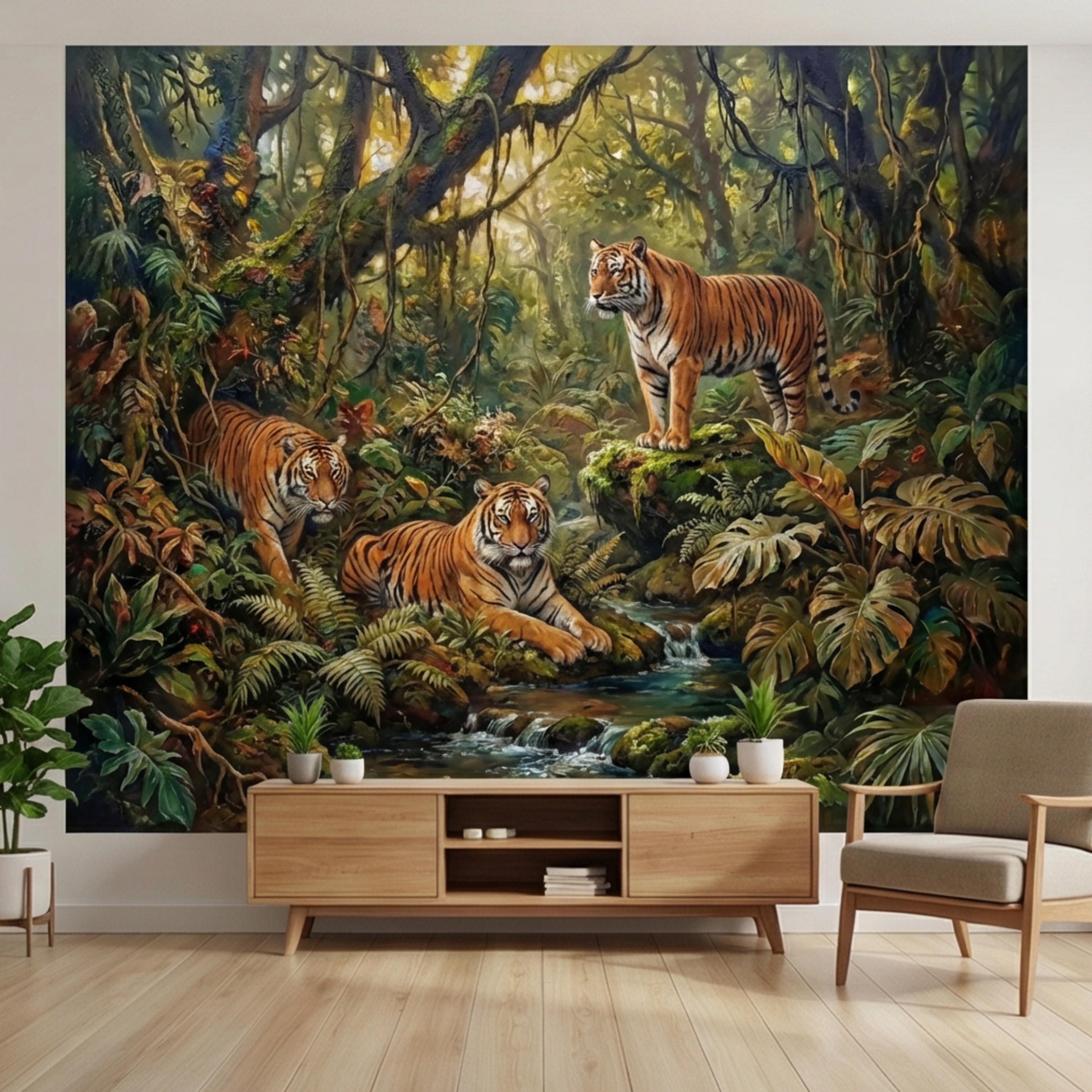 Majestic Jungle Tigers Peel and Stick Wall Mural, Lush Tropical Rainforest Wildlife Wallpaper, Dramatic Exotic Nature Wall Decor