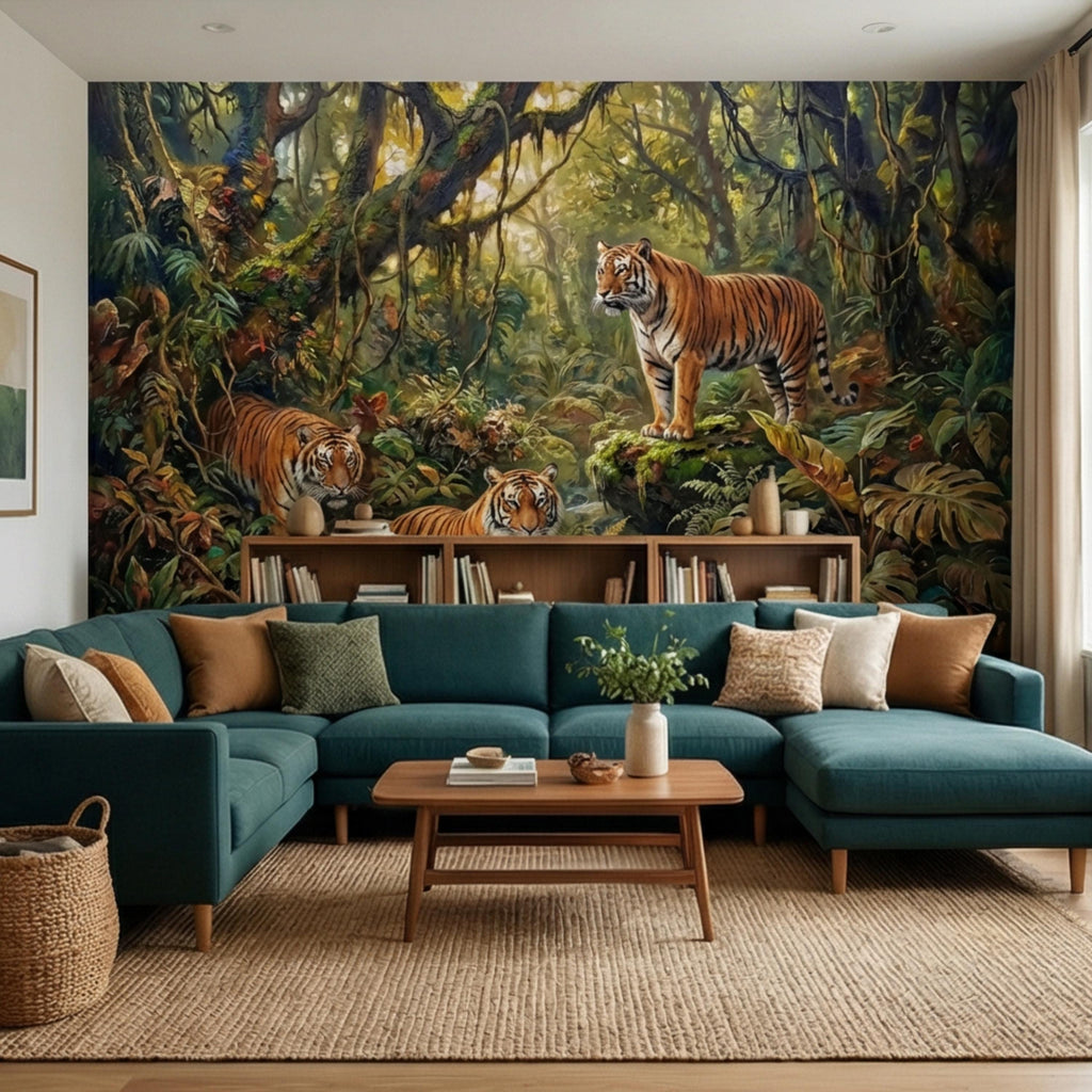 Majestic Jungle Tigers Peel and Stick Wall Mural, Lush Tropical Rainforest Wildlife Wallpaper, Dramatic Exotic Nature Wall Decor