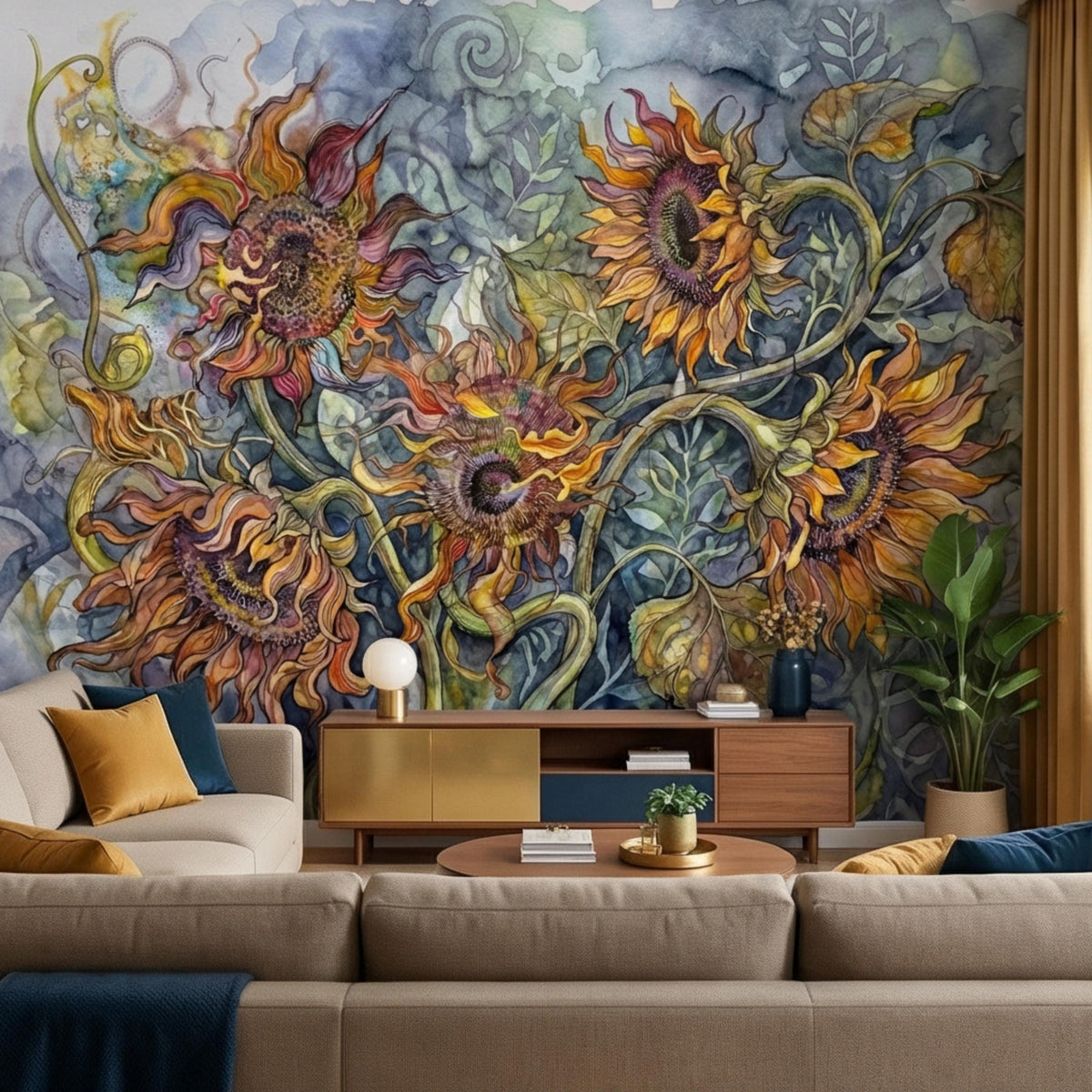 Sunflower floral wall mural in watercolor style with warm golden blooms and stems