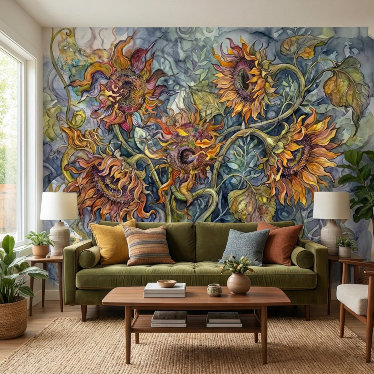 Sunflower floral wall mural with vibrant watercolor blossoms and leafy vine stems