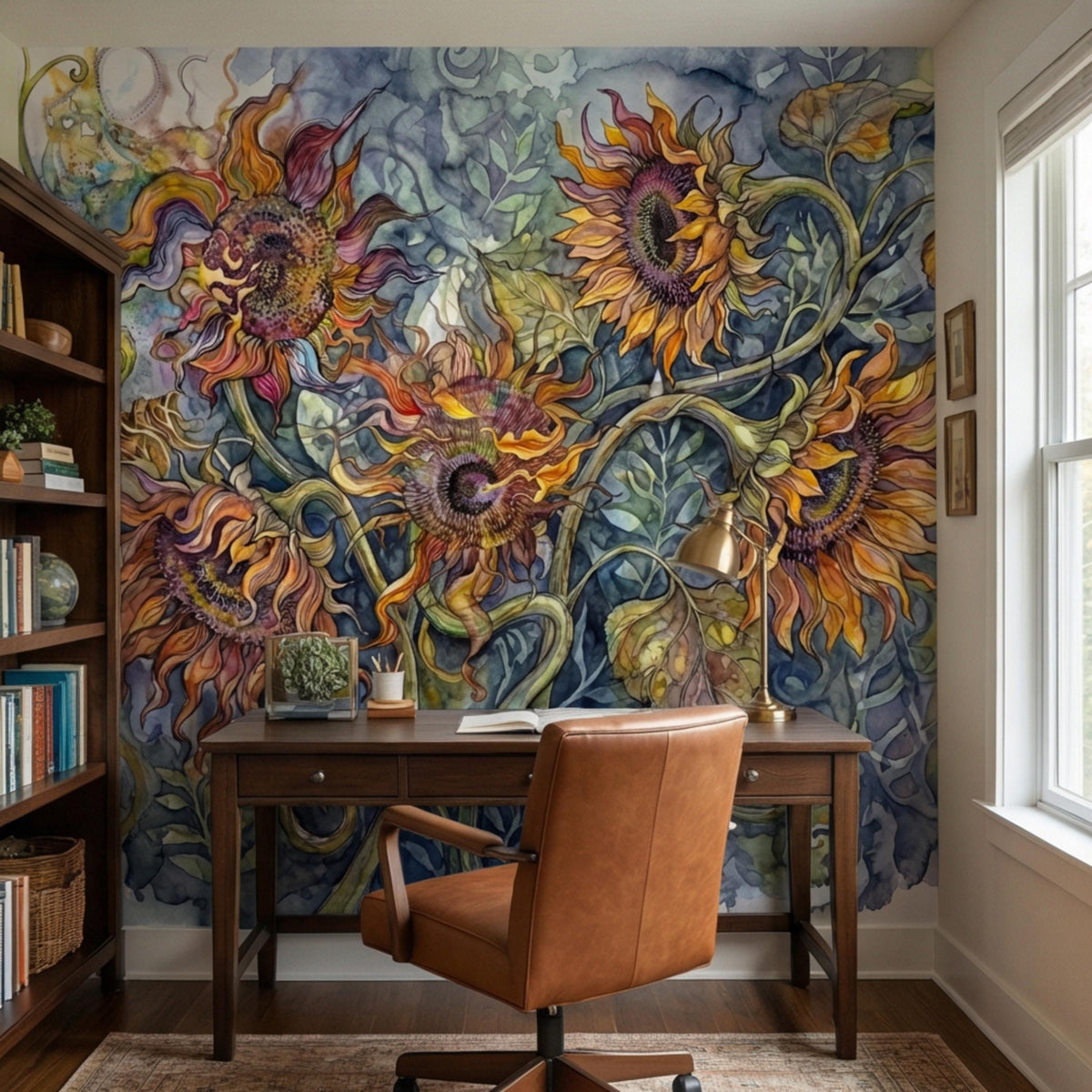 Vibrant sunflower and leaf wall mural with intricate swirling botanical shapes