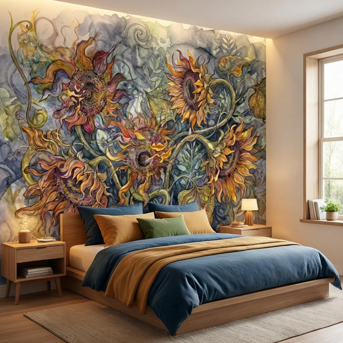 Large sunflower botanical wall mural with swirling petals and blue-green foliage