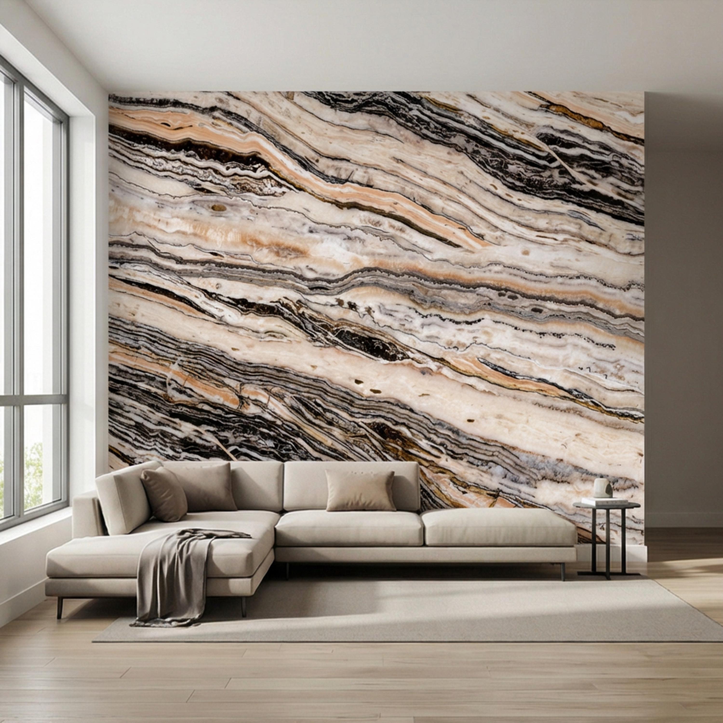 Luxury Marble Texture Peel and Stick Wall Mural, Neutral Beige and Black Stone Vein Wallpaper, Modern Abstract Onyx Effect Wall Decor