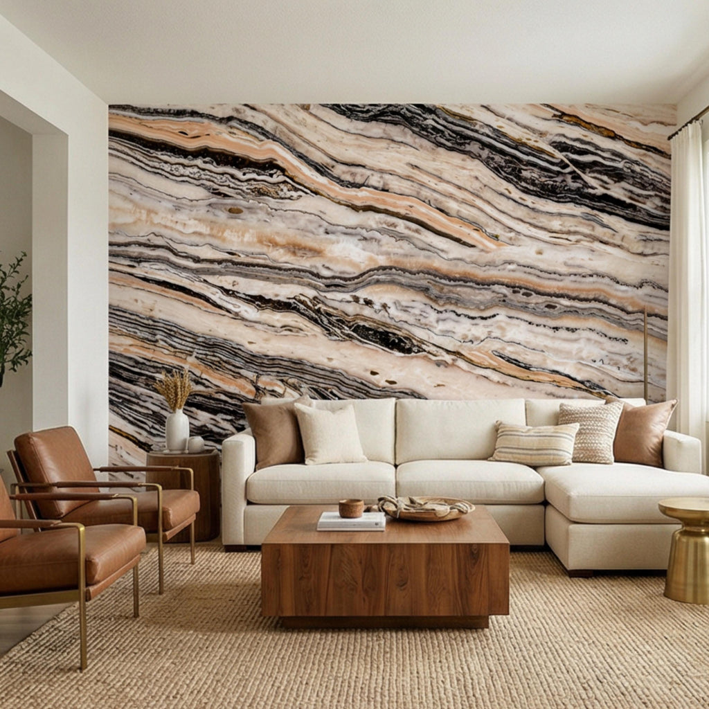 Luxury Marble Texture Peel and Stick Wall Mural, Neutral Beige and Black Stone Vein Wallpaper, Modern Abstract Onyx Effect Wall Decor