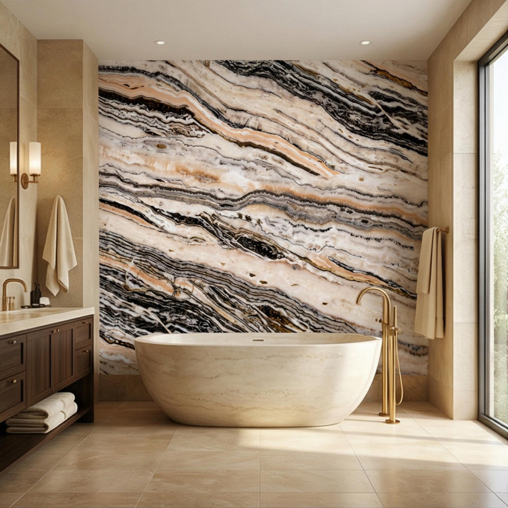 Luxury Marble Texture Peel and Stick Wall Mural, Neutral Beige and Black Stone Vein Wallpaper, Modern Abstract Onyx Effect Wall Decor