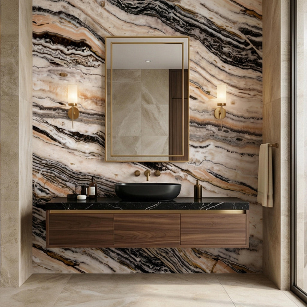Luxury Marble Texture Peel and Stick Wall Mural, Neutral Beige and Black Stone Vein Wallpaper, Modern Abstract Onyx Effect Wall Decor