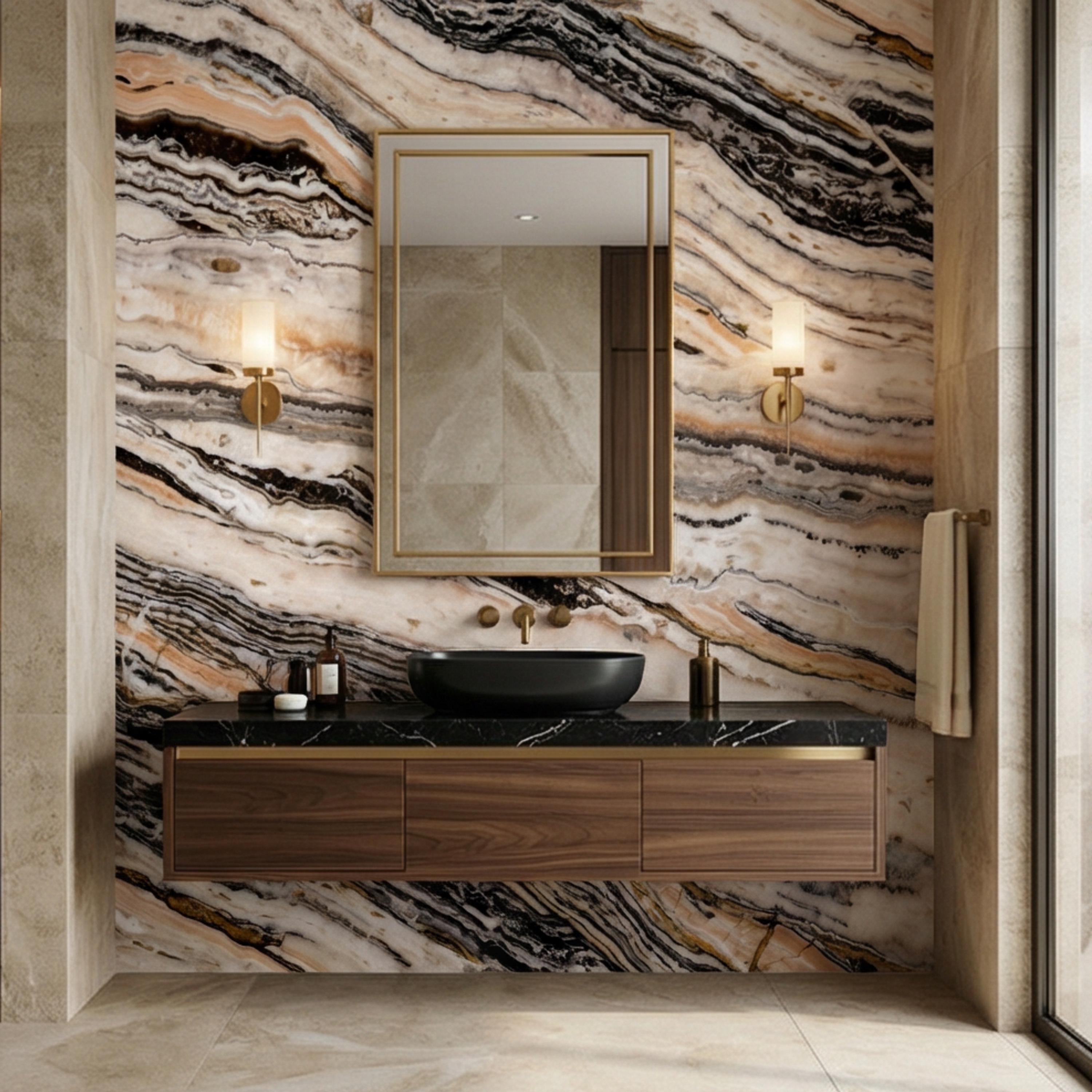 Luxury Marble Texture Peel and Stick Wall Mural, Neutral Beige and Black Stone Vein Wallpaper, Modern Abstract Onyx Effect Wall Decor