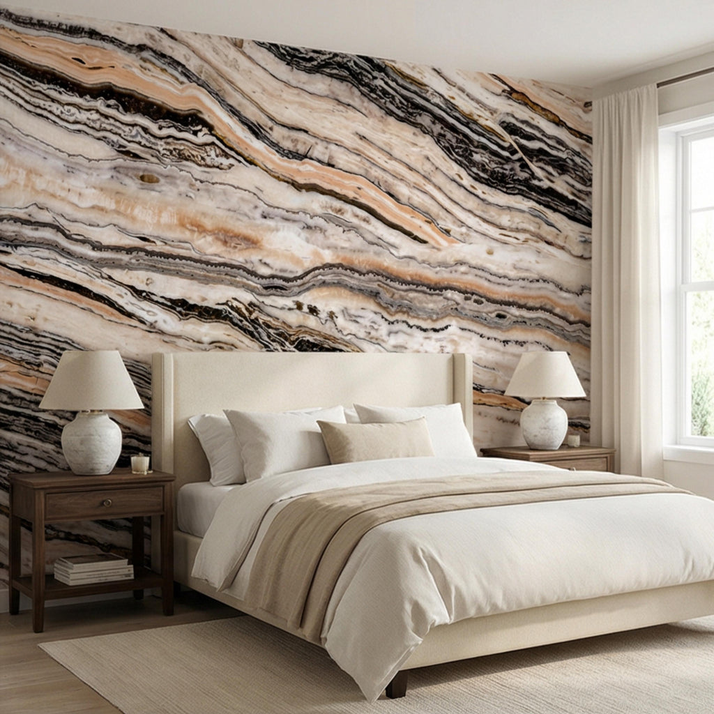 Luxury Marble Texture Peel and Stick Wall Mural, Neutral Beige and Black Stone Vein Wallpaper, Modern Abstract Onyx Effect Wall Decor