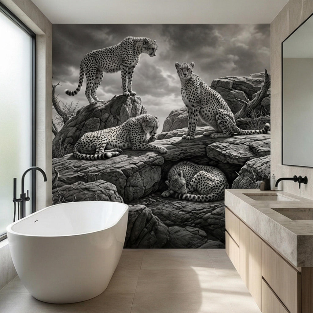 Majestic Cheetah Family Peel and Stick Wall Mural, Black and White Safari Wildlife Wallpaper, Dramatic African Animal Nature Wall Decor