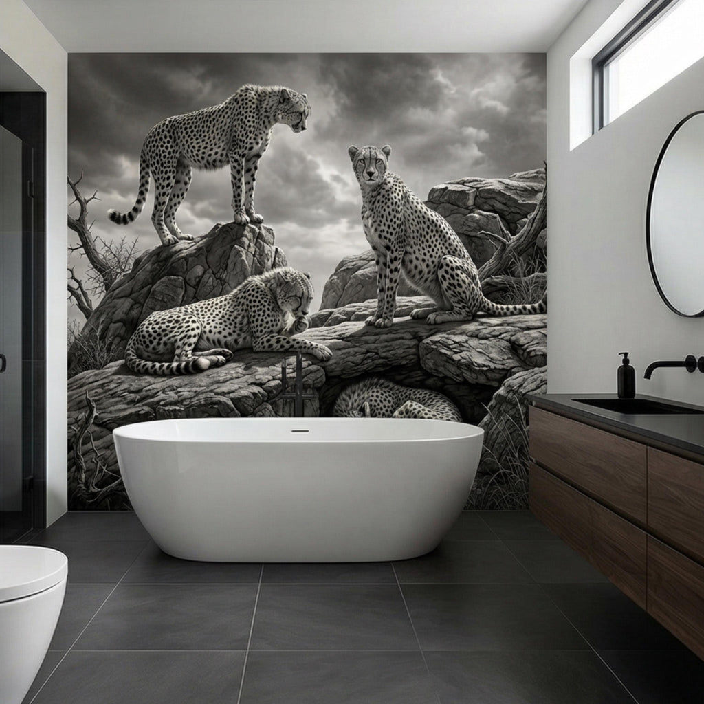 Majestic Cheetah Family Peel and Stick Wall Mural, Black and White Safari Wildlife Wallpaper, Dramatic African Animal Nature Wall Decor