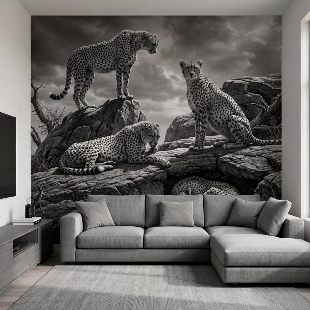 Majestic Cheetah Family Peel and Stick Wall Mural, Black and White Safari Wildlife Wallpaper, Dramatic African Animal Nature Wall Decor