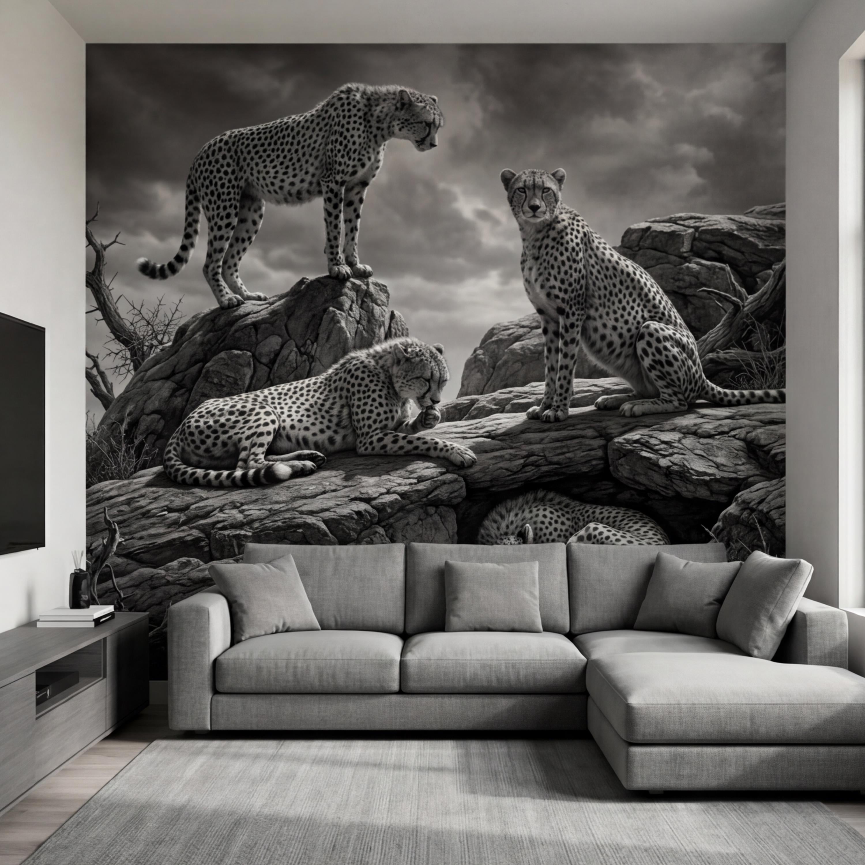 Majestic Cheetah Family Peel and Stick Wall Mural, Black and White Safari Wildlife Wallpaper, Dramatic African Animal Nature Wall Decor