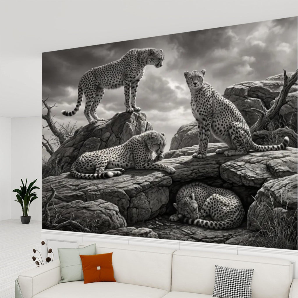 Majestic Cheetah Family Peel and Stick Wall Mural, Black and White Safari Wildlife Wallpaper, Dramatic African Animal Nature Wall Decor