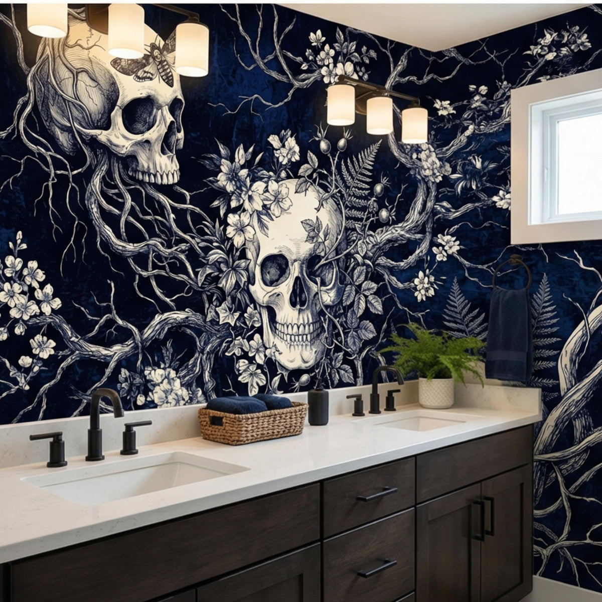 Dark blue gothic skull botanical wall mural with layered skulls, flowers, and ornaments