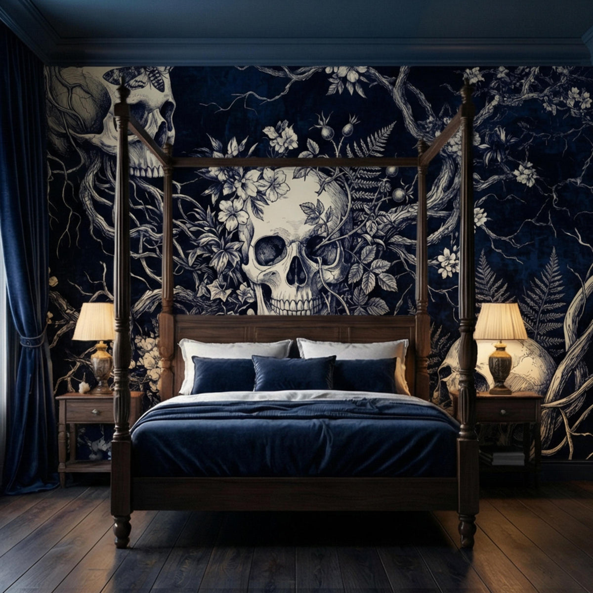 Dark blue gothic skull wall mural with large central skull and floral vine details