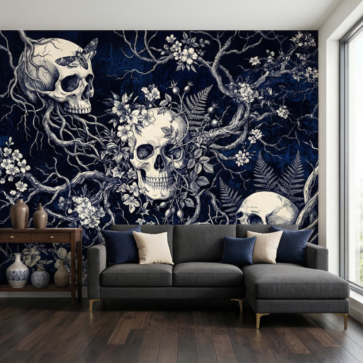 Dark blue gothic floral wall mural featuring three white skulls amid ferns and blossoms