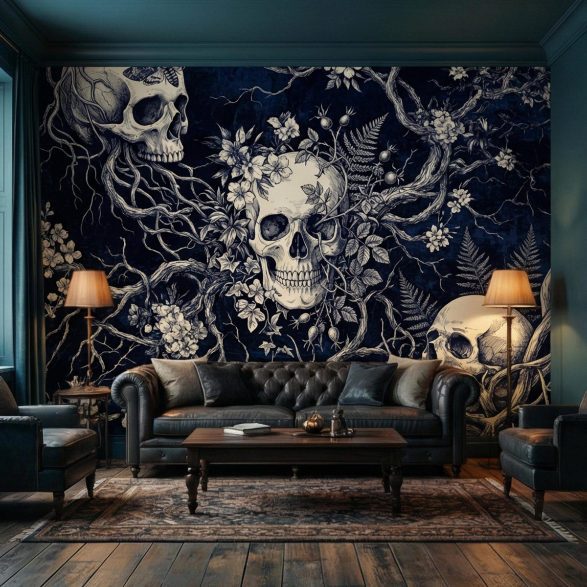 Dark blue gothic floral wall mural with multiple white skulls, vines, and leaves