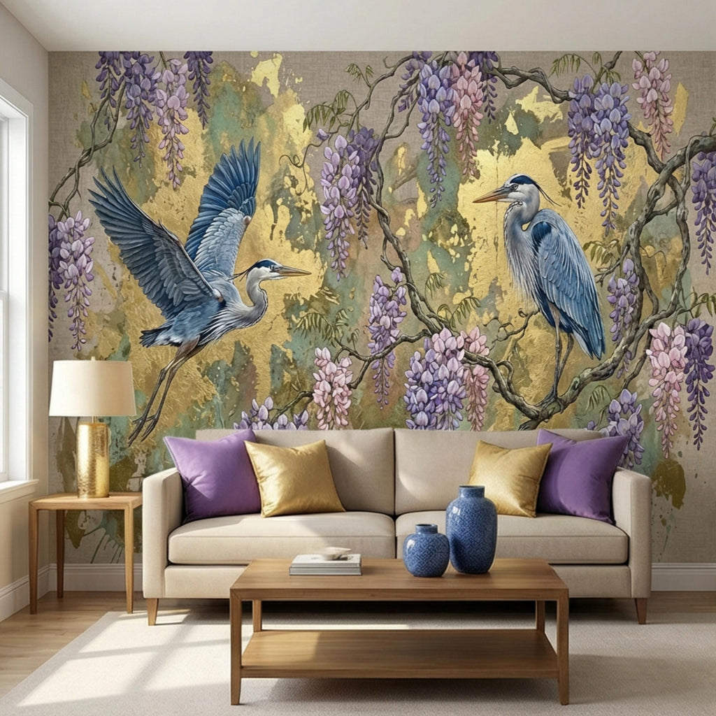 Luxury Chinoiserie Heron and Wisteria Peel and Stick Wall Mural, Gold Textured Asian Floral Bird Wallpaper, Elegant Botanical Wall Decor