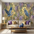 Luxury Chinoiserie Heron and Wisteria Peel and Stick Wall Mural, Gold Textured Asian Floral Bird Wallpaper, Elegant Botanical Wall Decor