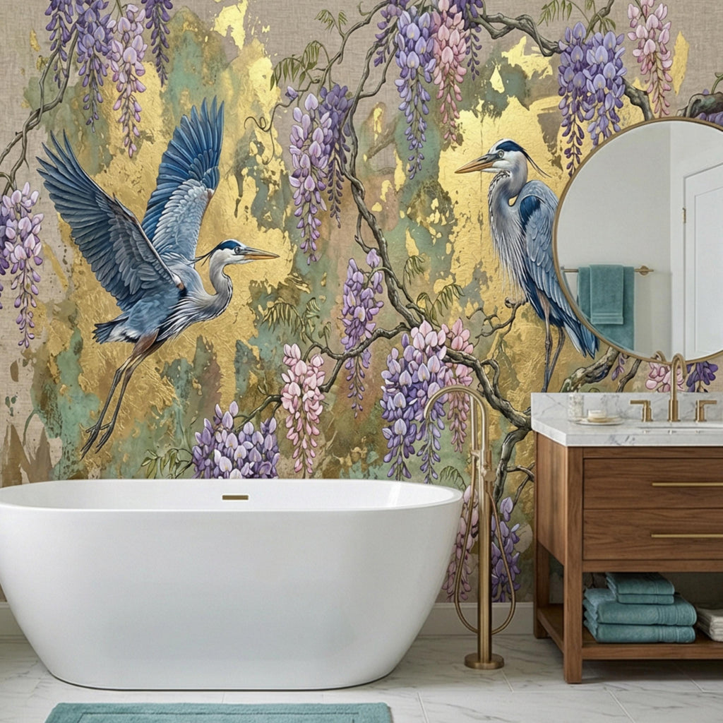 Luxury Chinoiserie Heron and Wisteria Peel and Stick Wall Mural, Gold Textured Asian Floral Bird Wallpaper, Elegant Botanical Wall Decor