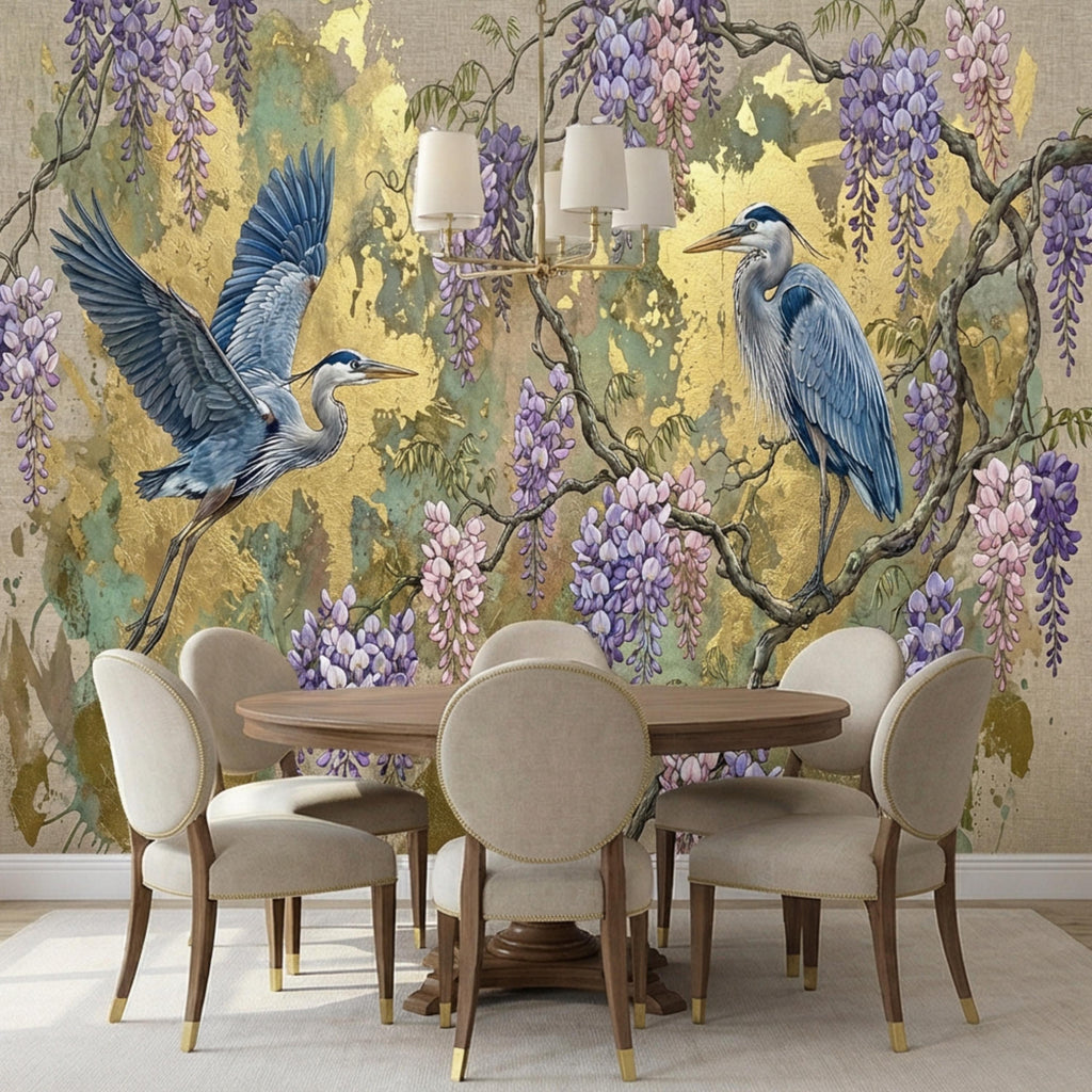 Luxury Chinoiserie Heron and Wisteria Peel and Stick Wall Mural, Gold Textured Asian Floral Bird Wallpaper, Elegant Botanical Wall Decor