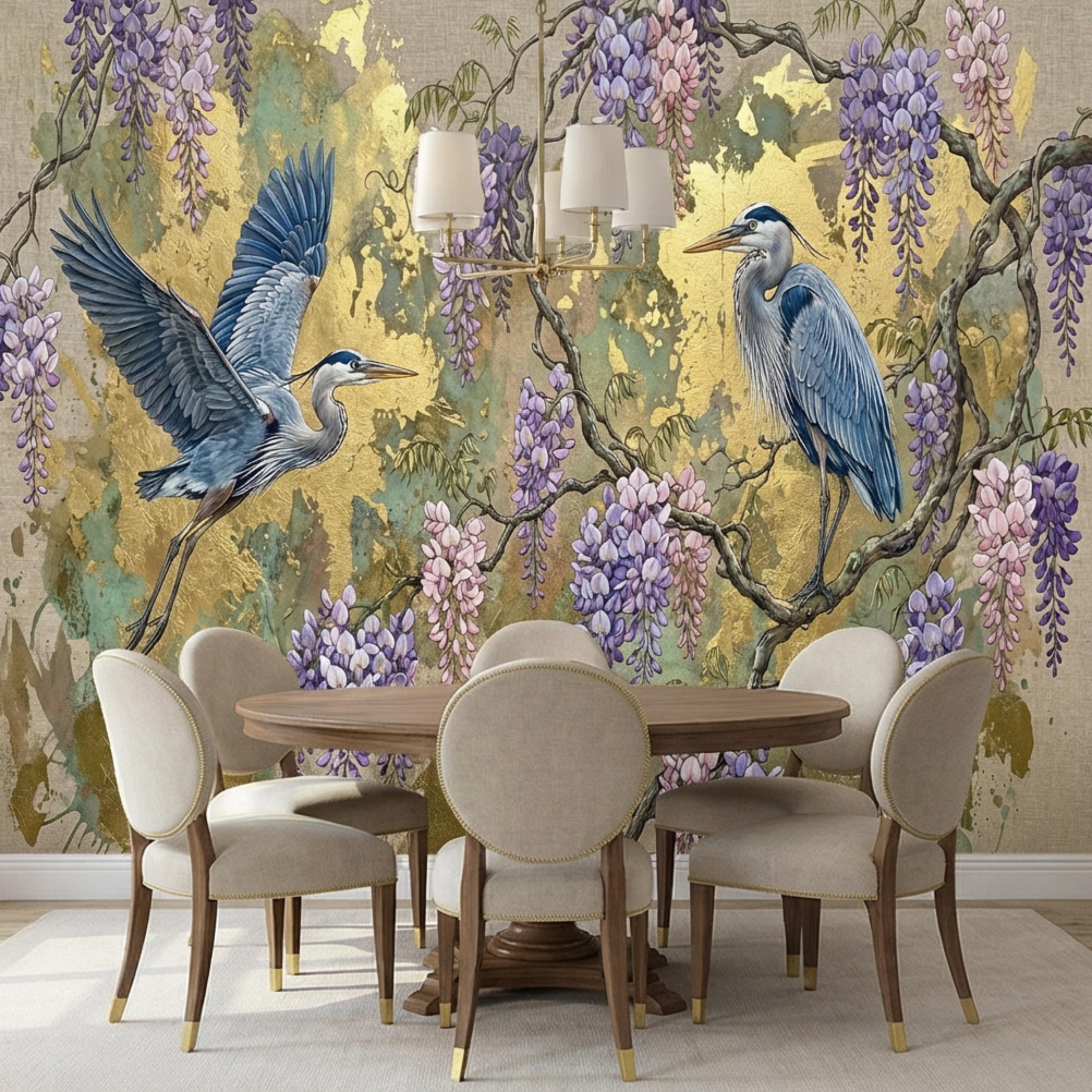 Luxury Chinoiserie Heron and Wisteria Peel and Stick Wall Mural, Gold Textured Asian Floral Bird Wallpaper, Elegant Botanical Wall Decor