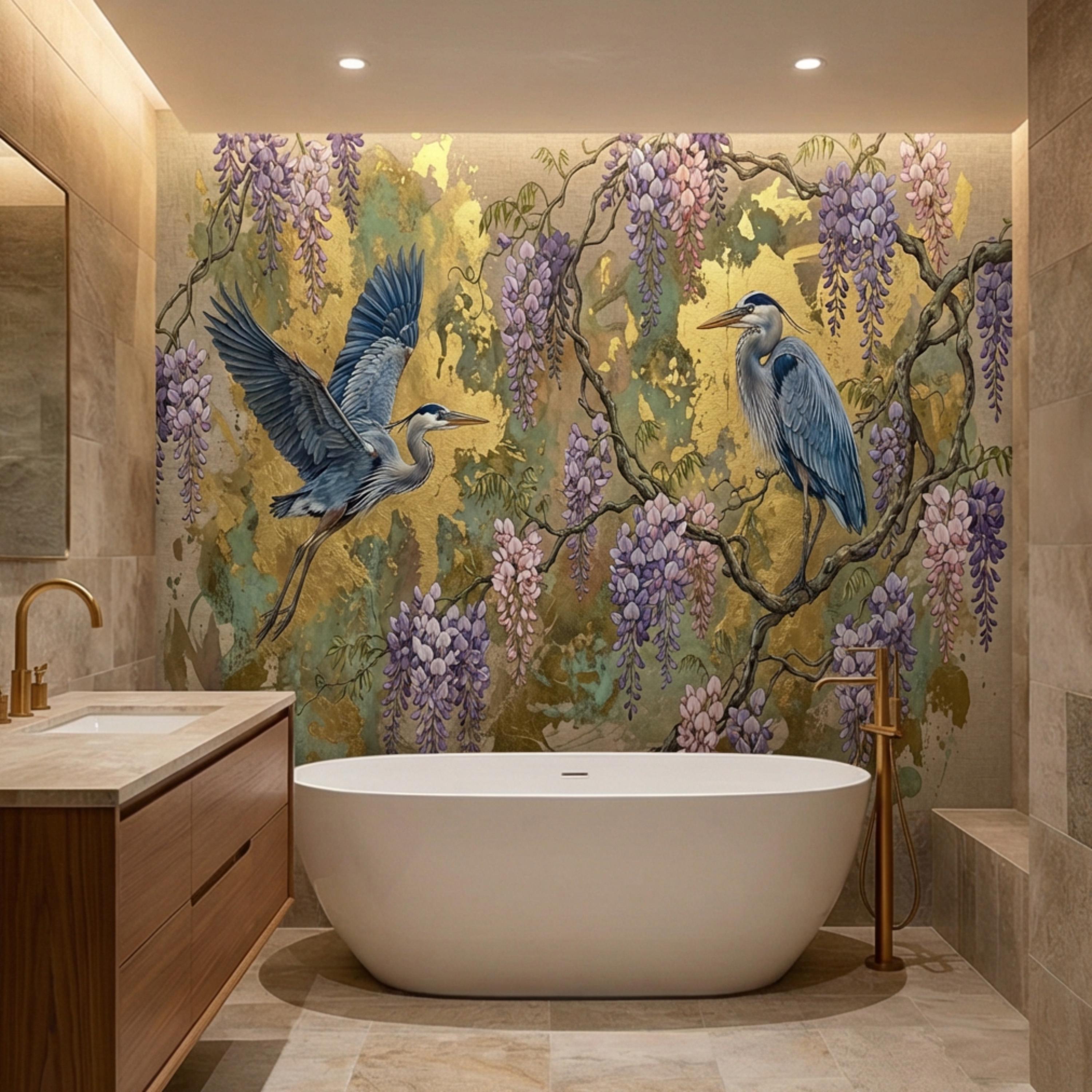 Luxury Chinoiserie Heron and Wisteria Peel and Stick Wall Mural, Gold Textured Asian Floral Bird Wallpaper, Elegant Botanical Wall Decor