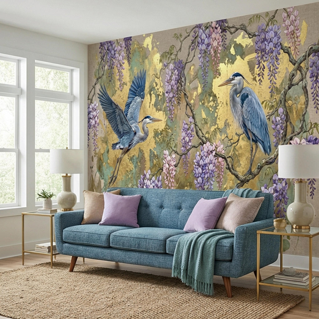 Luxury Chinoiserie Heron and Wisteria Peel and Stick Wall Mural, Gold Textured Asian Floral Bird Wallpaper, Elegant Botanical Wall Decor